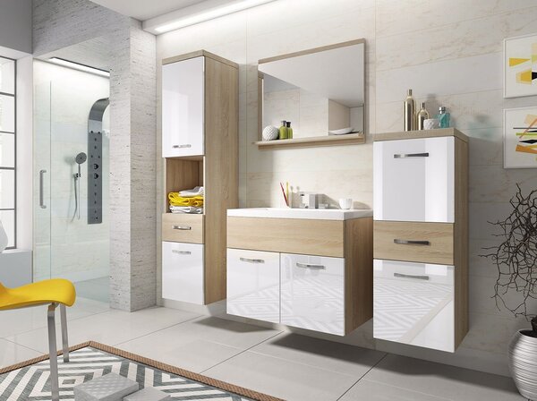 Mobilier pentru baie Lunara (stejar sonoma + stejar sonoma + alb lucios) (cu sifon, fără baterie, cu lavoar). 1053672