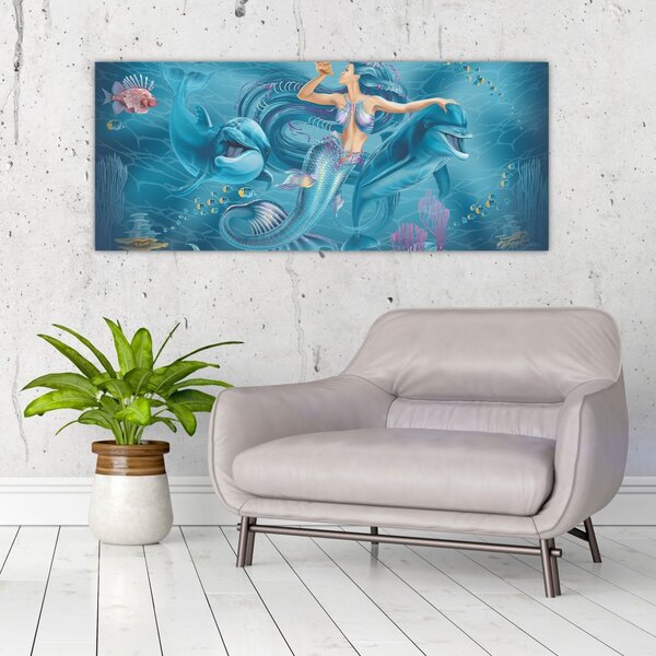 Tablou - Sirenă cu delfini (120x50 cm)