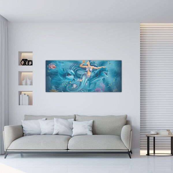 Tablou - Sirenă cu delfini (120x50 cm)