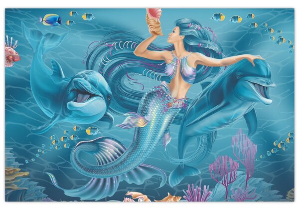 Tablou - Sirenă cu delfini (90x60 cm)