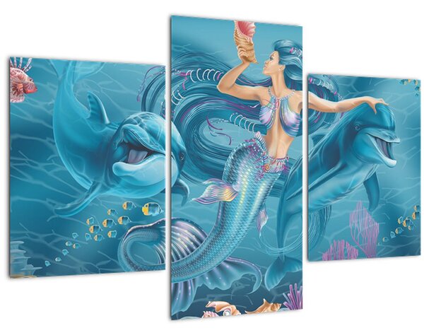 Tablou - Sirenă cu delfini (90x60 cm)