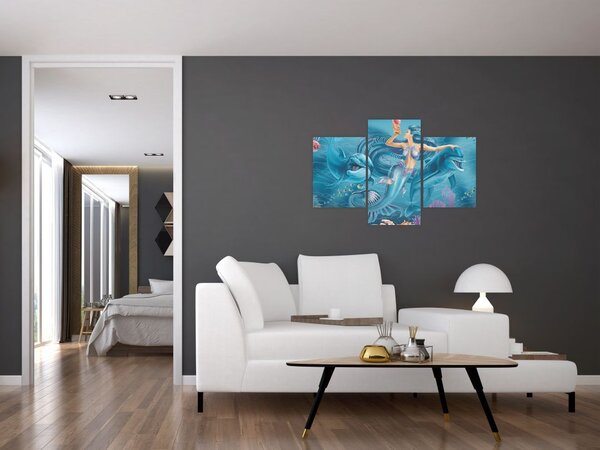 Tablou - Sirenă cu delfini (90x60 cm)