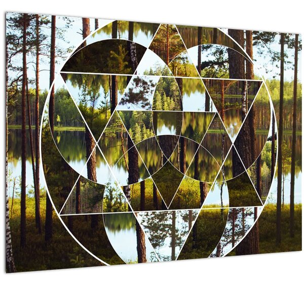 Tablou pe sticlă - Colaj geometric pe fundalul pădurilor nordice (70x50 cm)