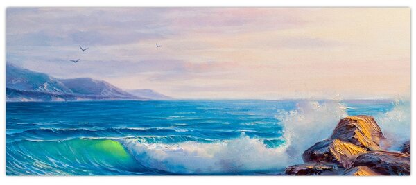 Tablou - Valuri lovind stânci, pictură în ulei (120x50 cm)