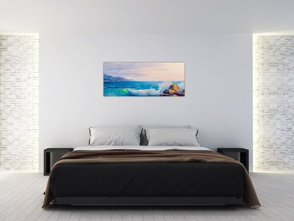 Tablou - Valuri lovind stânci, pictură în ulei (120x50 cm)