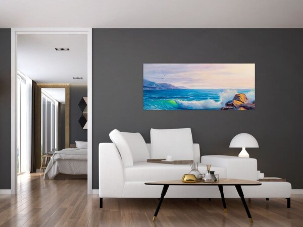 Tablou - Valuri lovind stânci, pictură în ulei (120x50 cm)
