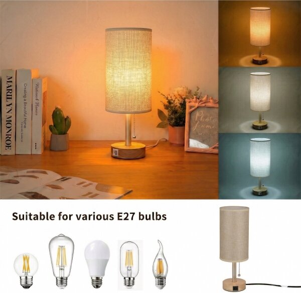 Brilagi - Lampă de masă TABLON cu port USB 1xE27/25W/230V stejar/bej