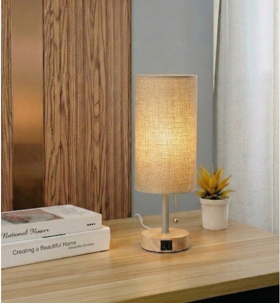 Brilagi - Lampă de masă TABLON cu port USB 1xE27/25W/230V stejar/bej