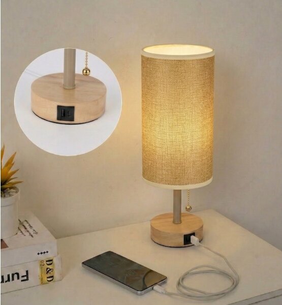 Brilagi - Lampă de masă TABLON cu port USB 1xE27/25W/230V stejar/bej