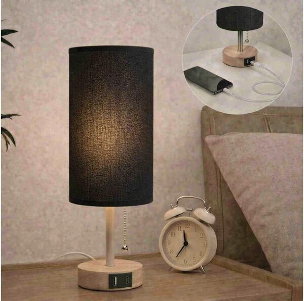 Brilagi - Lampă de masă TABLON cu port USB, 1xE27/25W/230V, stejar/bej/negru