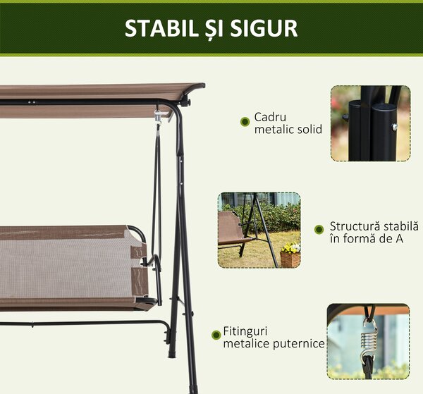 Balansoar de Gradina 3 Locuri Outsunny, Metal si Textilen, Maro 172x110x155cm | Aosom Romania