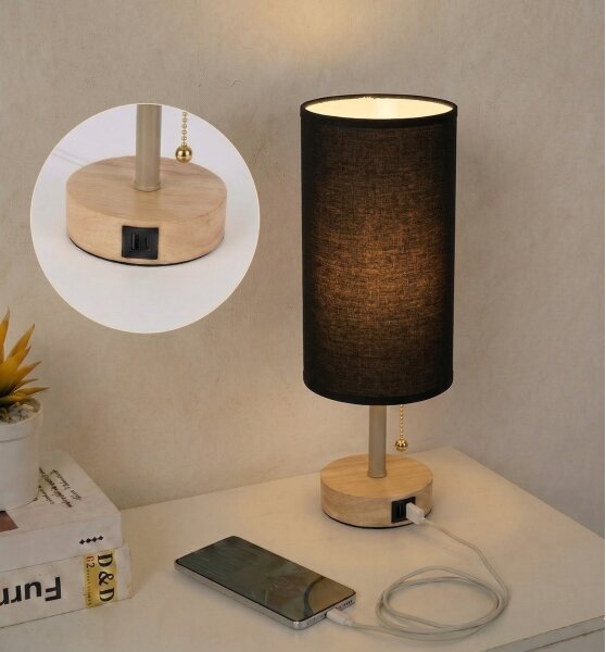 Brilagi - Lampă de masă TABLON cu port USB, 1xE27/25W/230V, stejar/bej/negru