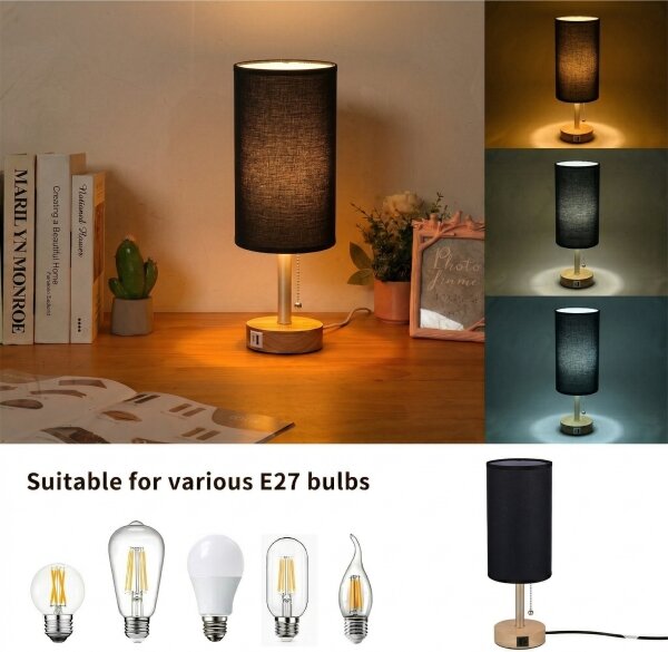 Brilagi - Lampă de masă TABLON cu port USB, 1xE27/25W/230V, stejar/bej/negru
