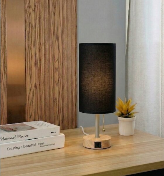 Brilagi - Lampă de masă TABLON cu port USB, 1xE27/25W/230V, stejar/bej/negru