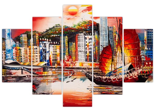 Tablou - Victoria Harbour, Hong Kong, pictură în ulei (150x105 cm)
