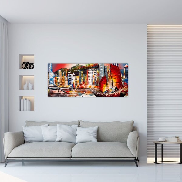 Tablou - Victoria Harbour, Hong Kong, pictură în ulei (120x50 cm)