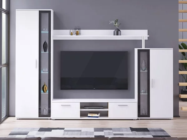 Mobilier living Orenia (Alb + Alb + sticlă neagră) (fără iluminat). 1054269