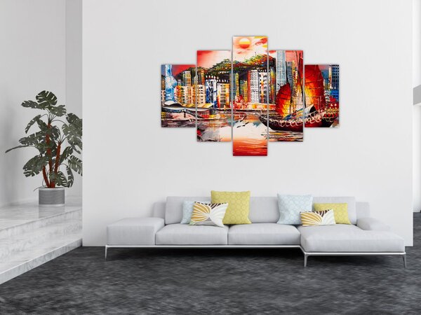 Tablou - Victoria Harbour, Hong Kong, pictură în ulei (150x105 cm)