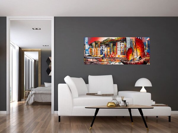 Tablou - Victoria Harbour, Hong Kong, pictură în ulei (120x50 cm)