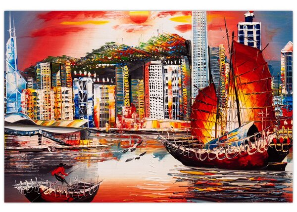 Tablou - Victoria Harbour, Hong Kong, pictură în ulei (90x60 cm)