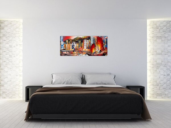 Tablou - Victoria Harbour, Hong Kong, pictură în ulei (120x50 cm)