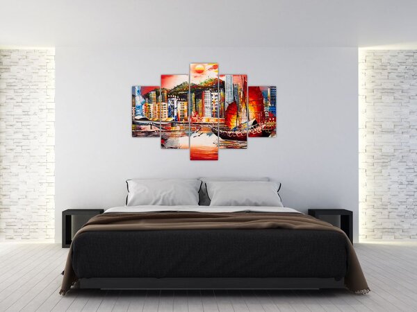 Tablou - Victoria Harbour, Hong Kong, pictură în ulei (150x105 cm)