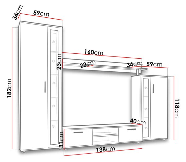 Mobilier living Orenia (Alb + Alb + sticlă neagră) (iluminat LED Alb). 1054268