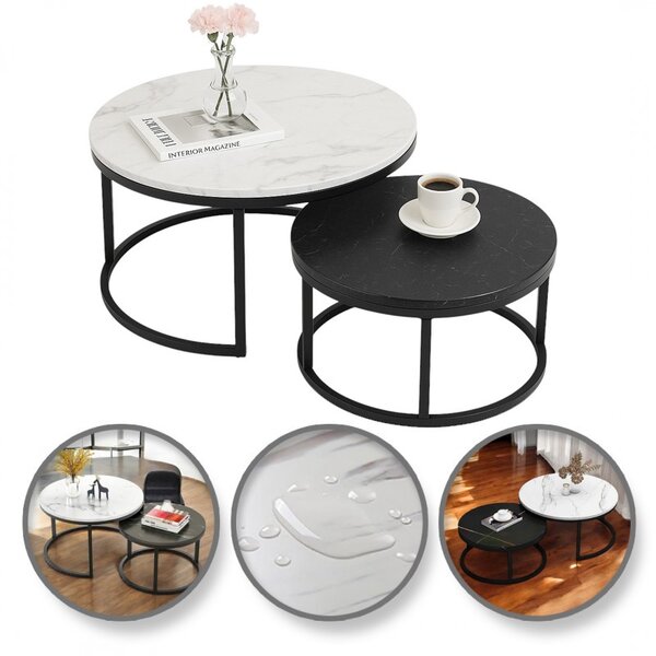 Set de 2 mese de cafea rotunde - marmură albă și neagră