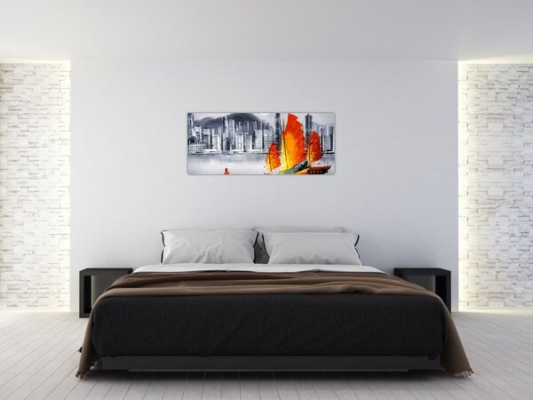 Tablou - Victoria Harbour, Hong Kong, pictură în ulei alb- negru (120x50 cm)