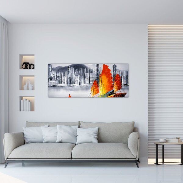 Tablou - Victoria Harbour, Hong Kong, pictură în ulei alb- negru (120x50 cm)