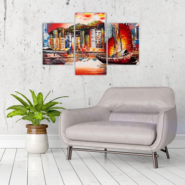 Tablou - Victoria Harbour, Hong Kong, pictură în ulei (90x60 cm)