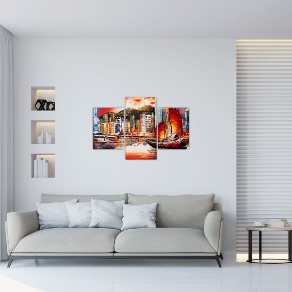 Tablou - Victoria Harbour, Hong Kong, pictură în ulei (90x60 cm)