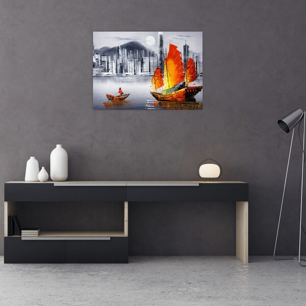 Tablou - Victoria Harbour, Hong Kong, pictură în ulei alb- negru (70x50 cm)