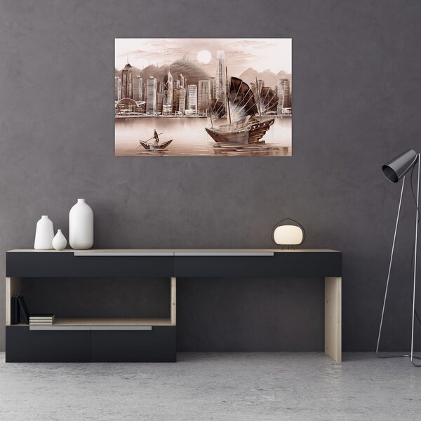 Tablou - Victoria Harbour, Hong Kong, efect sepia (90x60 cm)