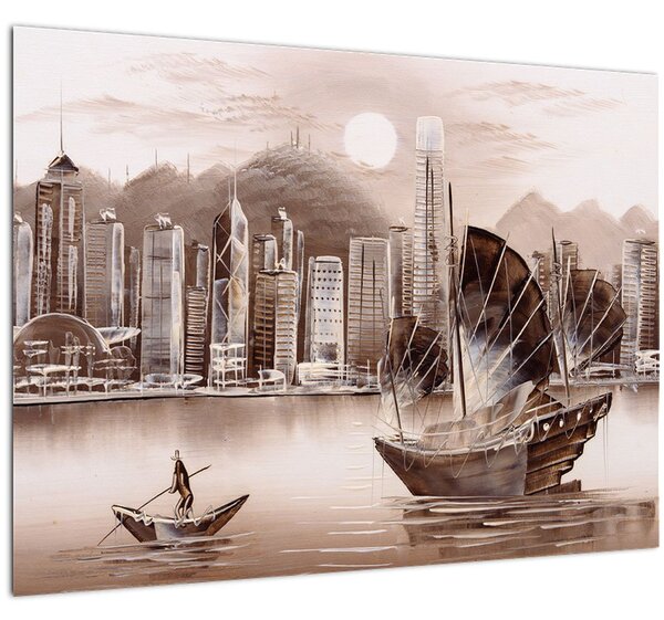 Tablou pe sticlă - Victoria Harbour, Hong Kong, efect sepia (70x50 cm)