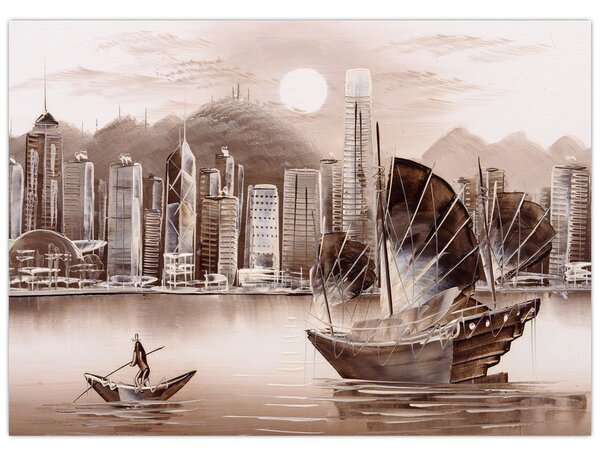 Tablou - Victoria Harbour, Hong Kong, efect sepia (70x50 cm)