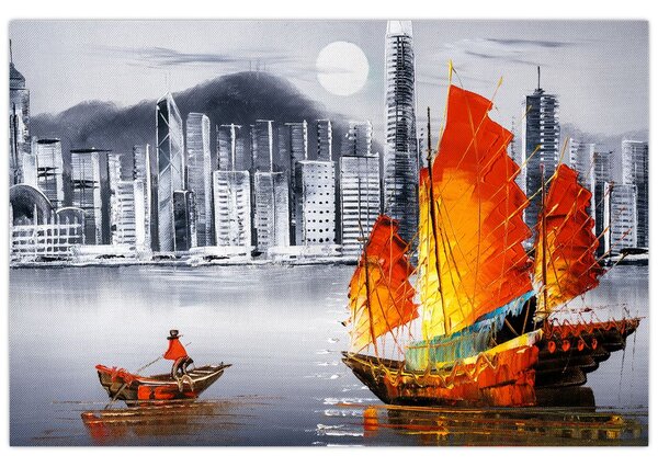 Tablou - Victoria Harbour, Hong Kong, pictură în ulei alb- negru (90x60 cm)