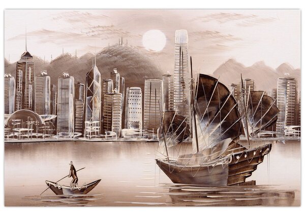 Tablou - Victoria Harbour, Hong Kong, efect sepia (90x60 cm)