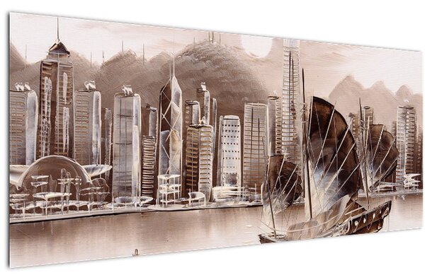 Tablou - Victoria Harbour, Hong Kong, efect sepia (120x50 cm)