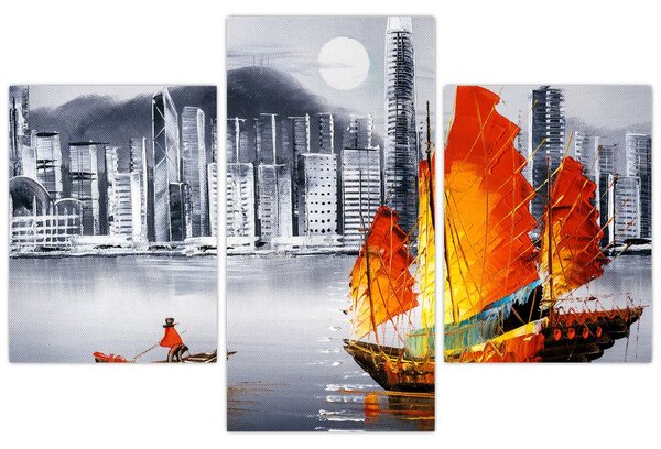 Tablou - Victoria Harbour, Hong Kong, pictură în ulei alb- negru (90x60 cm)