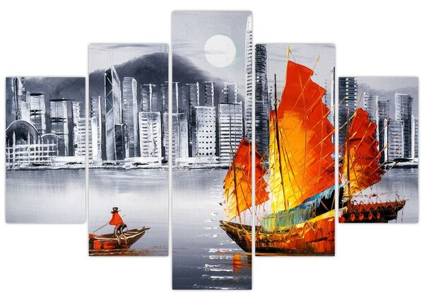 Tablou - Victoria Harbour, Hong Kong, pictură în ulei alb- negru (150x105 cm)