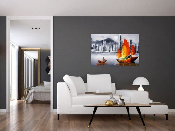 Tablou - Victoria Harbour, Hong Kong, pictură în ulei alb- negru (90x60 cm)