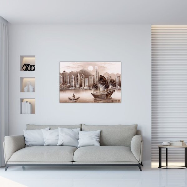 Tablou - Victoria Harbour, Hong Kong, efect sepia (90x60 cm)