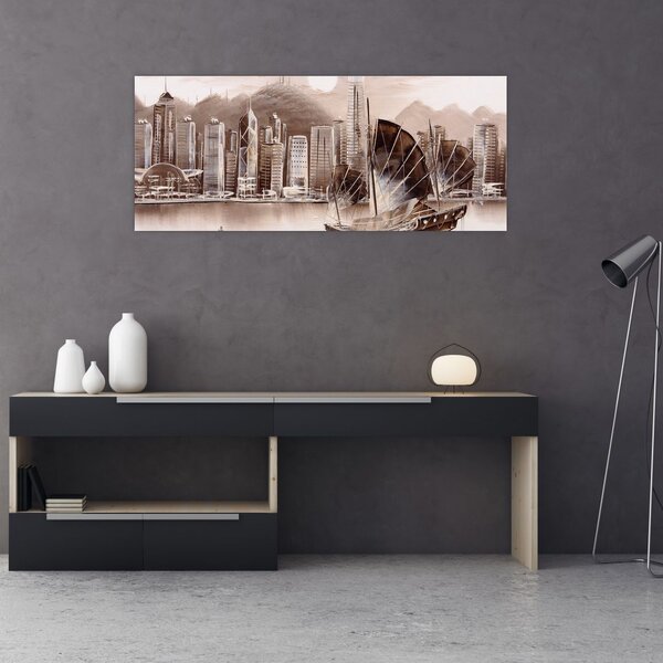 Tablou - Victoria Harbour, Hong Kong, efect sepia (120x50 cm)