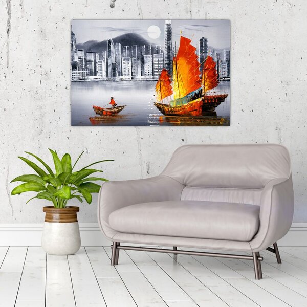 Tablou - Victoria Harbour, Hong Kong, pictură în ulei alb- negru (90x60 cm)