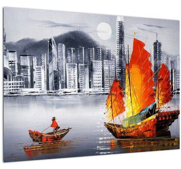 Tablou pe sticlă - Victoria Harbour, Hong Kong, pictură în ulei alb- negru (70x50 cm)