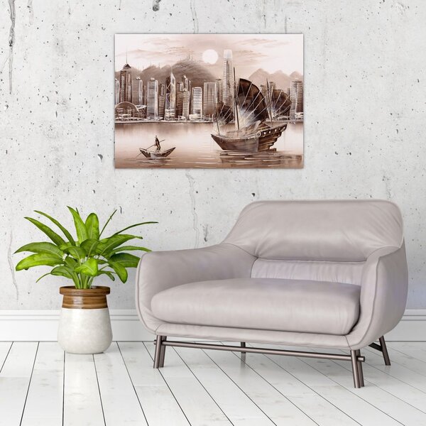 Tablou - Victoria Harbour, Hong Kong, efect sepia (70x50 cm)
