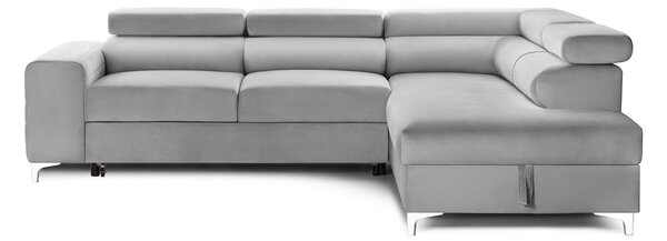 Colțar Extensibil TIME NEW, cu lada depozitare, tetiere reglabile, 285x220x95 cm, Gri-Silver-Velluto / Dreapta