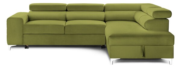 Colțar Extensibil TIME NEW, cu lada depozitare, tetiere reglabile, 285x220x95 cm, Verde-Olive-Velluto / Stanga