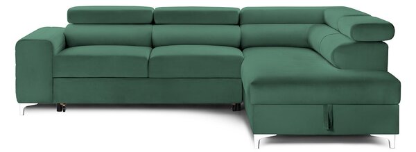 Colțar Extensibil TIME NEW, cu lada depozitare, tetiere reglabile, 285x220x95 cm, Verde-Padure-Velluto / Dreapta